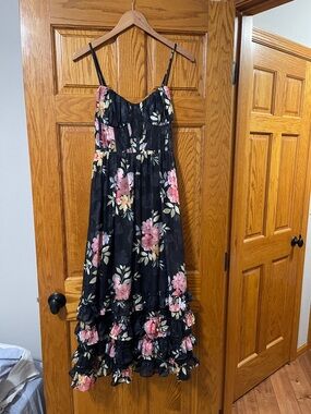 Lulu's Black Floral Ruffle Maxi Dress with Pink and yellow Blooms